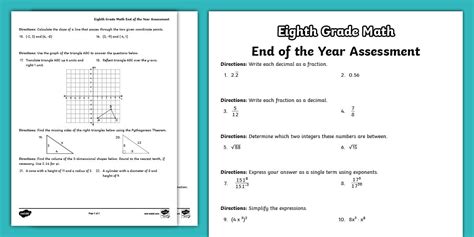8th Grade Math End Of Year Printable Test