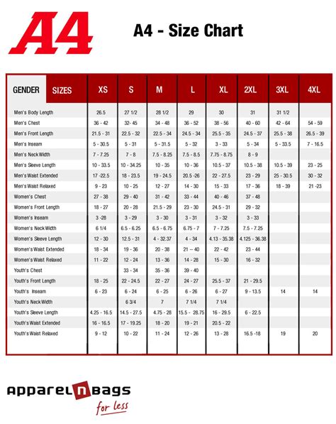 A4 Apparel Size Chart