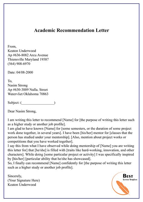 Academic Recommendation Letter Template