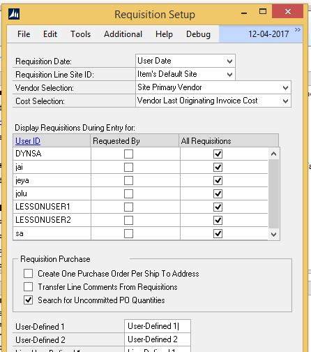 Access Purchasing Requisition Setup Window Dynamics GP