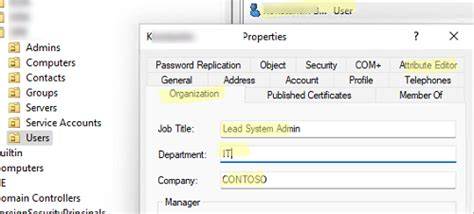Active Directory User Properties Organization Tab