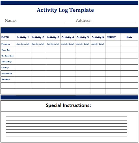 Activity Log Template Word