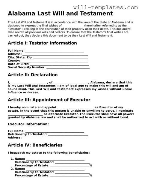Alabama Last Will And Testament Template
