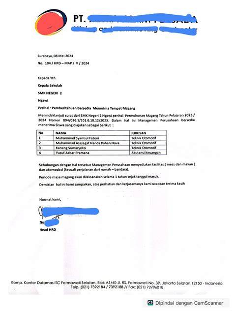 Alamat Penerima Surat Magang