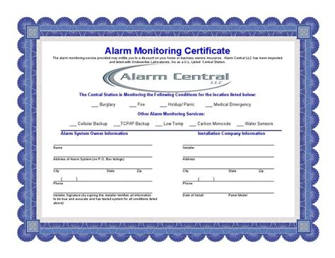 Alarm Certificate For Insurance Template Free