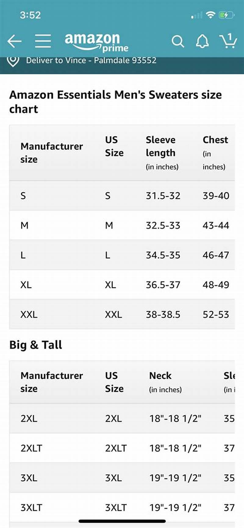 Amazon Essentials Sizing Chart