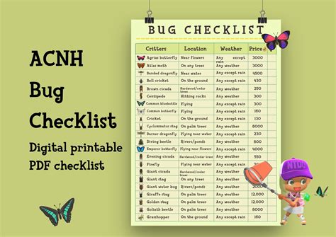Animal Crossing New Horizons Printable Bug List