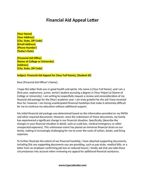 Appeal Letter For Financial Aid Template