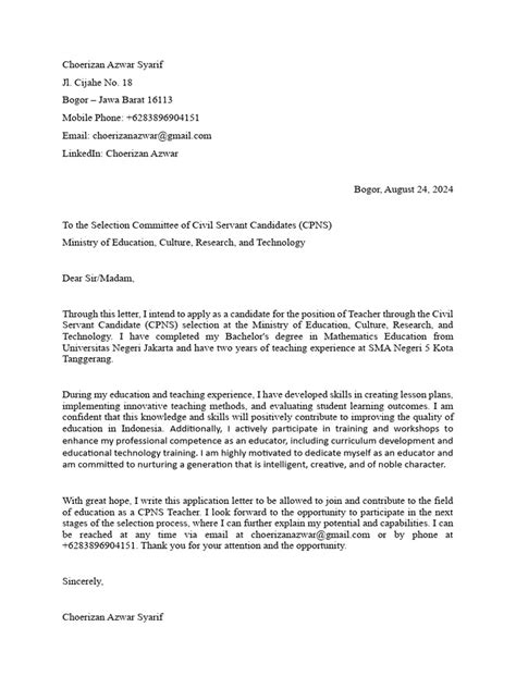 Application letter for CPNS SMA