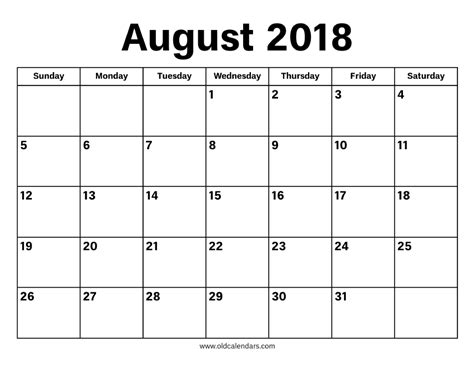 August Calendar 2018 Printable