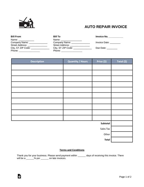 Auto Mechanic Invoice Template
