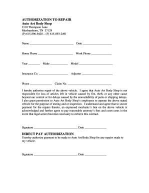 Auto Repair Authorization Form Template