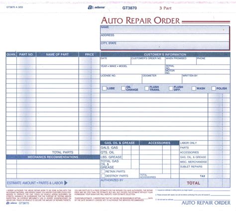 Auto Repair Order Template
