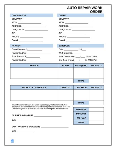 Auto Repair Work Order Template