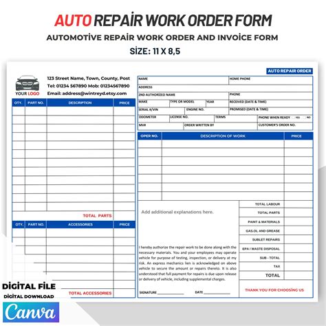 Auto Shop Repair Order Template