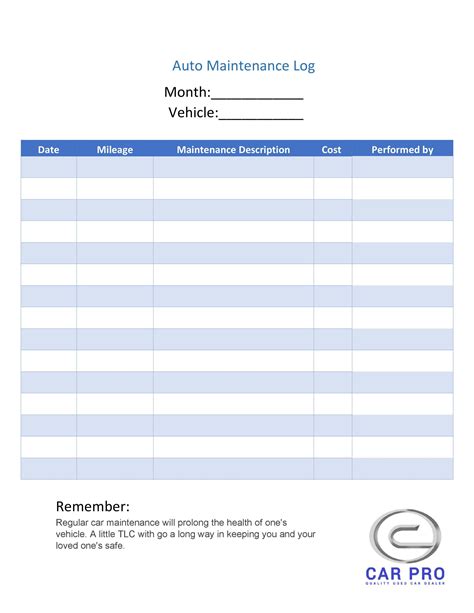 Automobile Maintenance Log Template