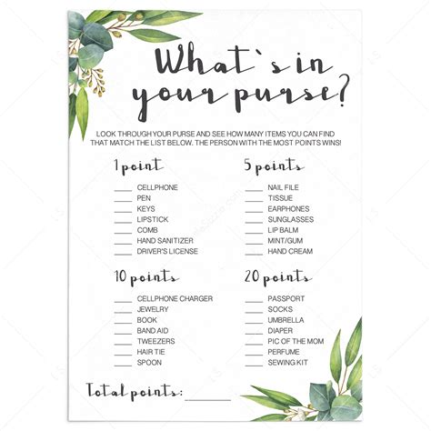 Baby Shower Purse Game List Free Printable