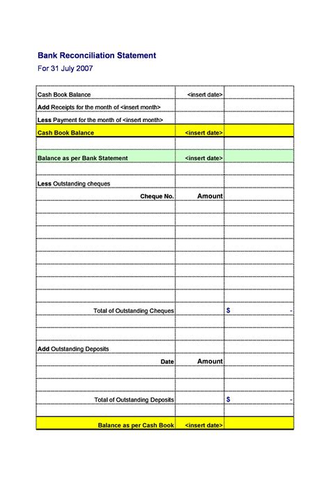 Bank Reconciliation Statement Template