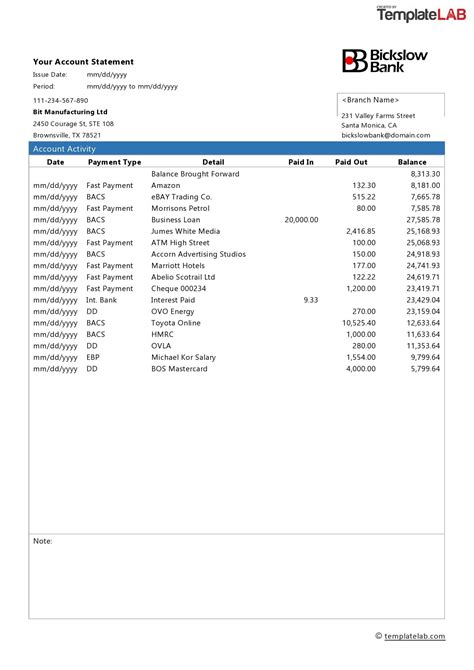 Bank Statement Template Free