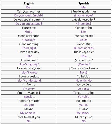 Basic Spanish Phrases Printable