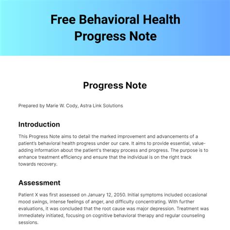 Behavioral Health Mental Health Progress Note Template