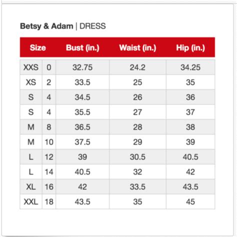 Betsy Adam Size Chart