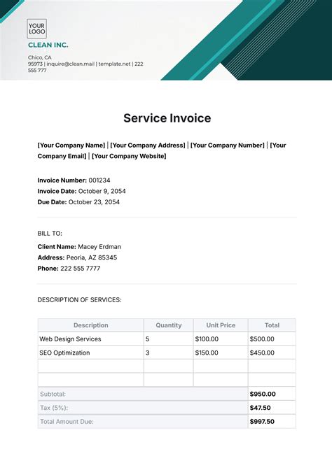 Bill For Services Rendered Template