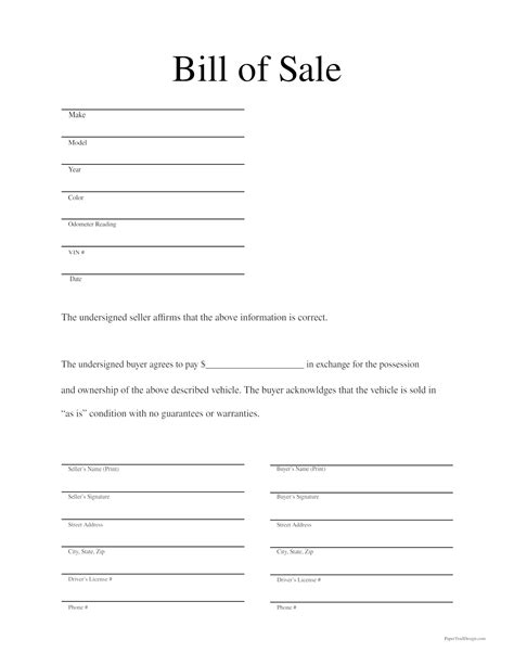 Bill Of Sale As Is Form Free Printable