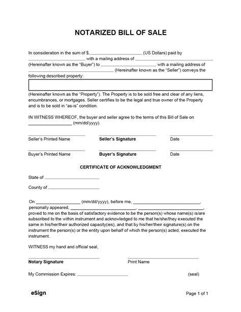 Bill Of Sale Template With Notary
