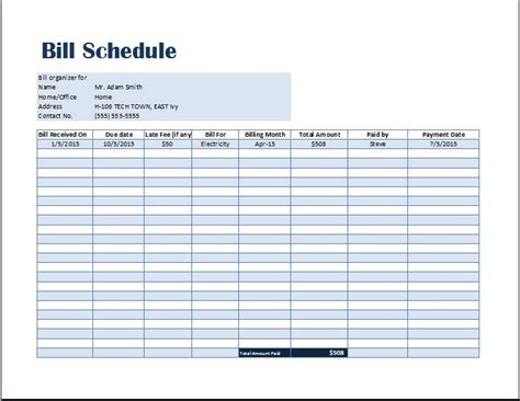 Bill Payment Schedule Template