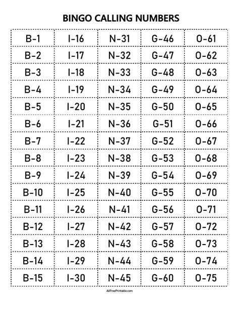 Bingo Calling Numbers Printable