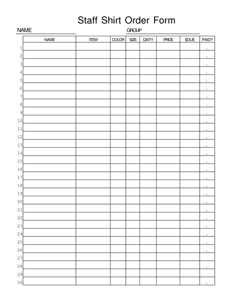 Blank T Shirt Order Form Template