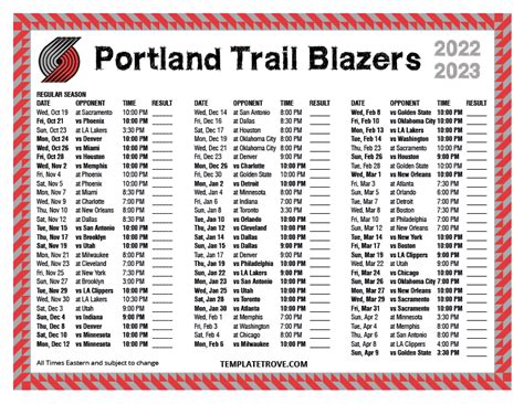 Blazers Printable Schedule