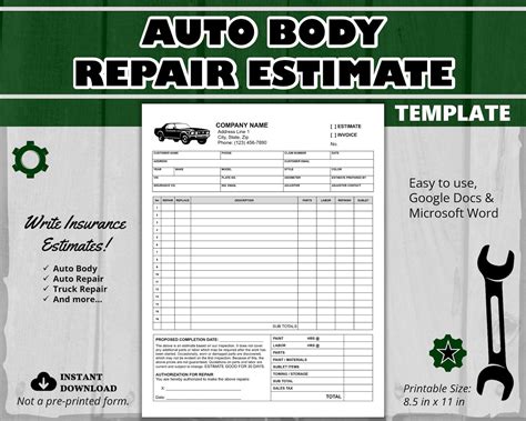 Body Shop Estimate Template