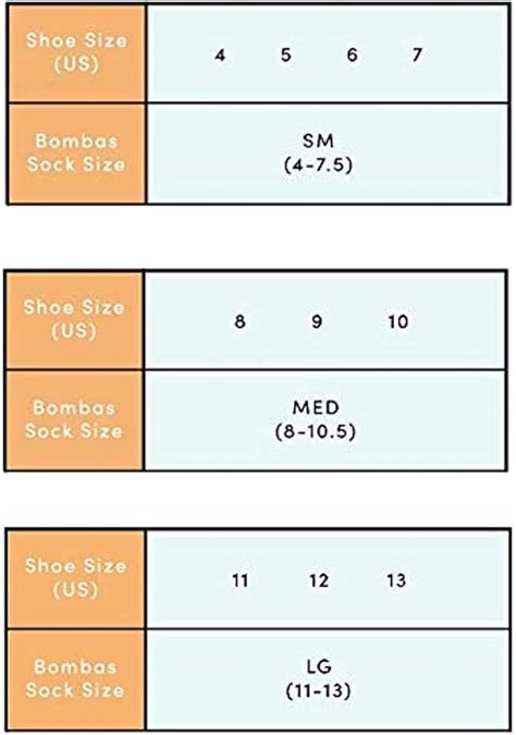 Bombas Socks Sizing Chart