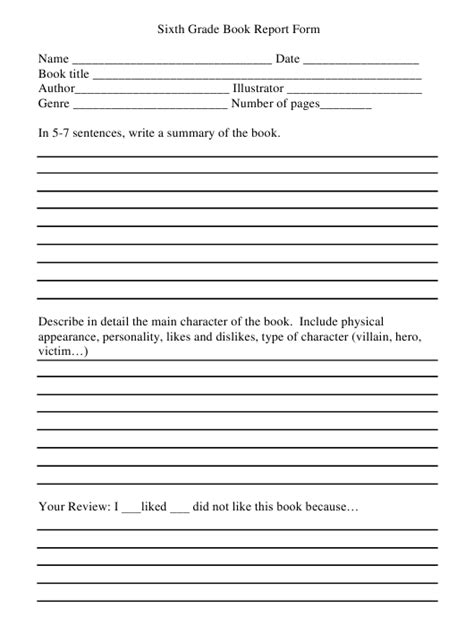 Book Report Template 6th Grade