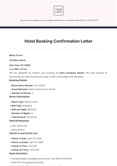 Booking confirmation letter