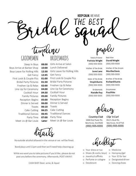 Bridal Party Schedule Template