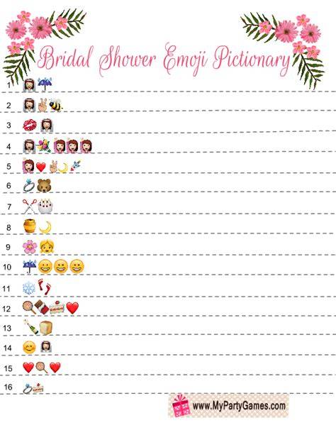 Bridal Shower Emoji Pictionary Free Printable