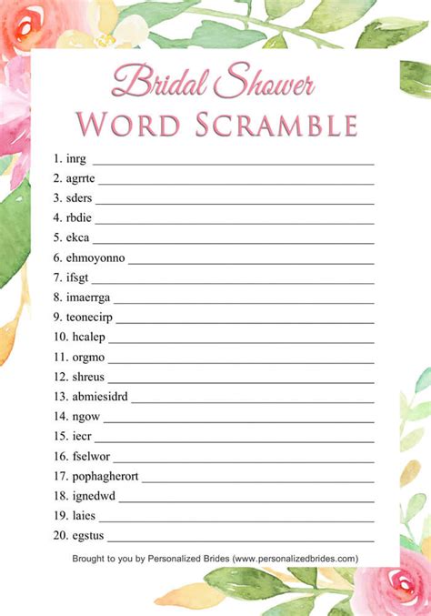 Bridal Shower Word Scramble Free Printable