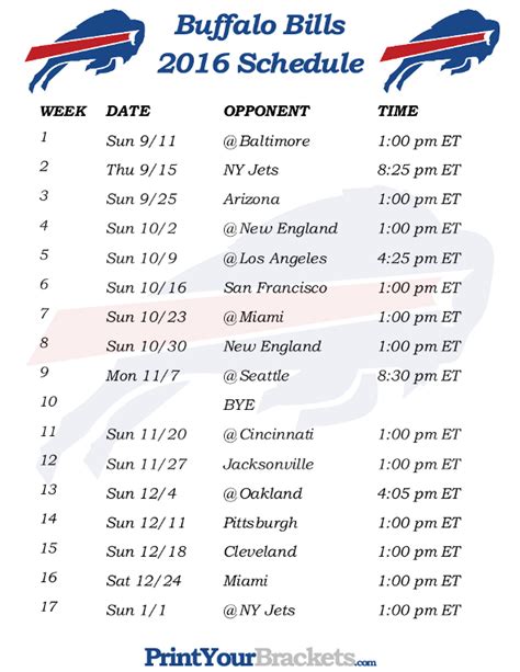 Buffalo Bills Printable Schedule