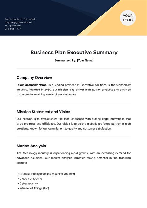 Business Plan Executive Summary Template Example