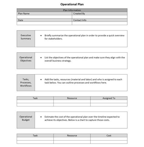 Business Plan Operational Plan Template