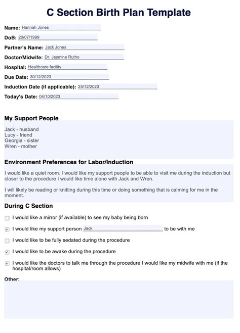 C Section Birth Plan Template Free