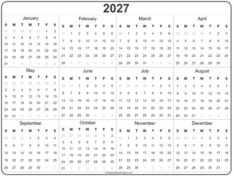 Calendar 2027 Printable