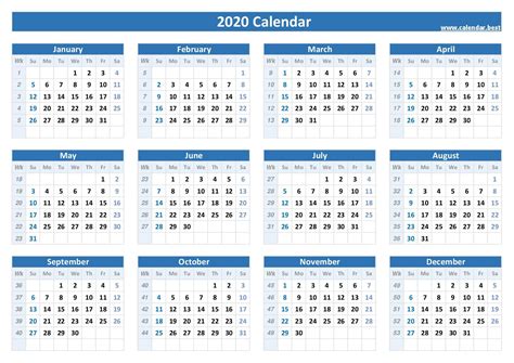 Calendar by Numbered Week 2020