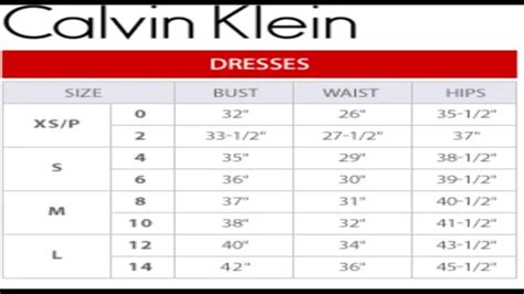 Calvin Klein Chart Size