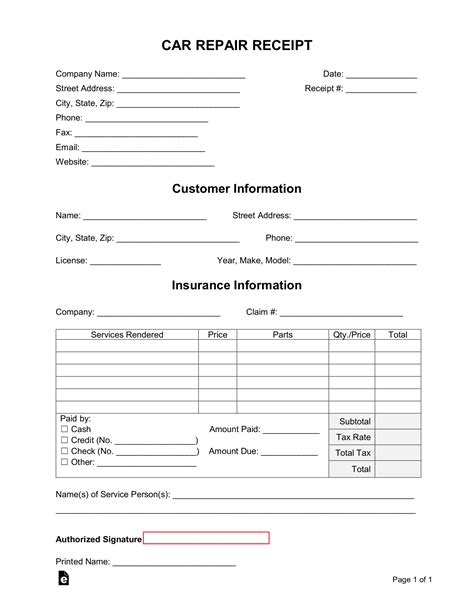 Car Repair Receipt Template Free