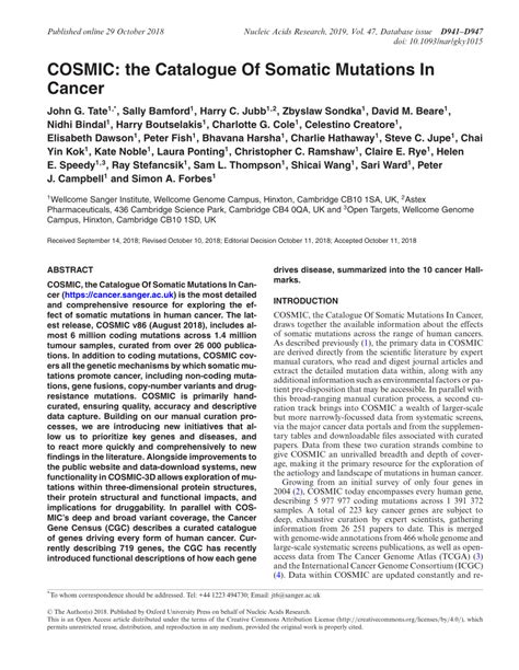 Catalogue Of Somatic Mutations In Cancer