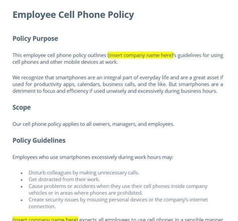Cell Phone Policy At Work Template